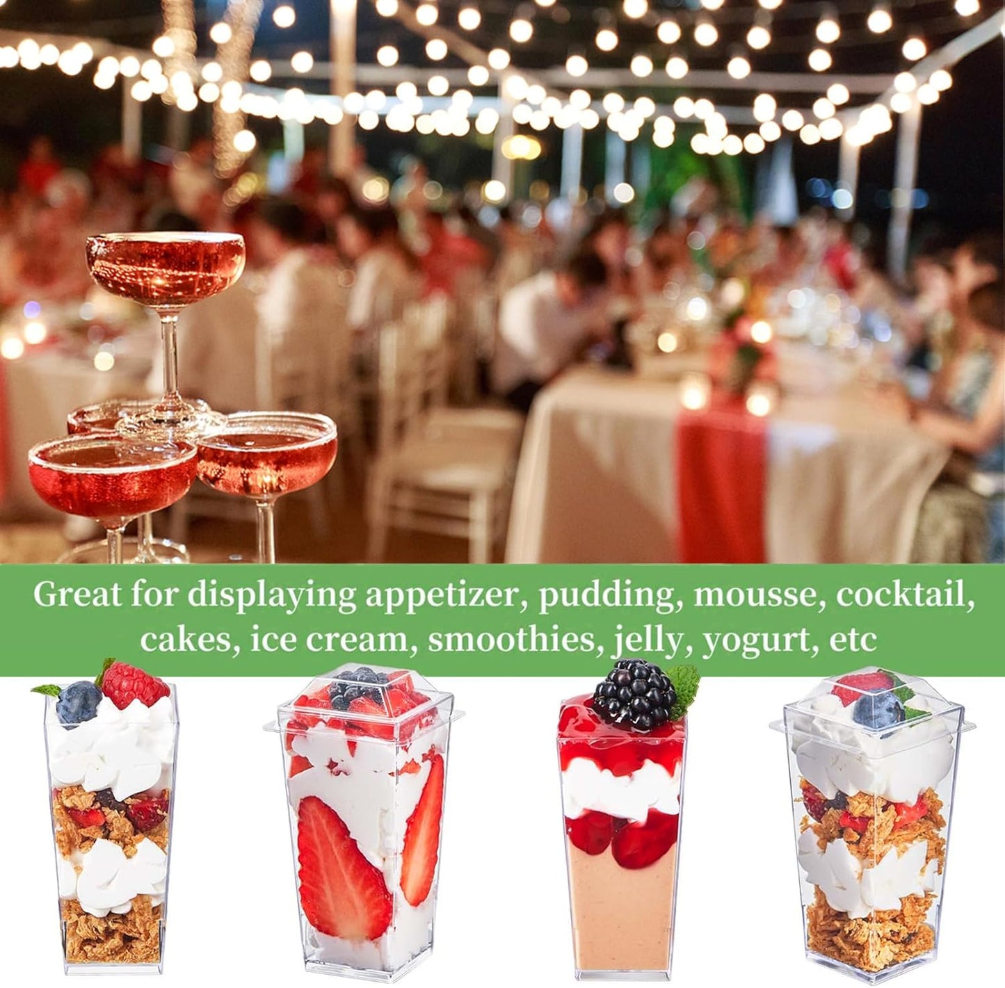 TOFLEN 50 Pack 5 oz Plastic Dessert Cups with High Lids for Party, Mini Dessert Cups with Spoons Dessert Shooter Cups for Yogurt Parfait, Appetizer, Pudding, Fruit and Ice Cream