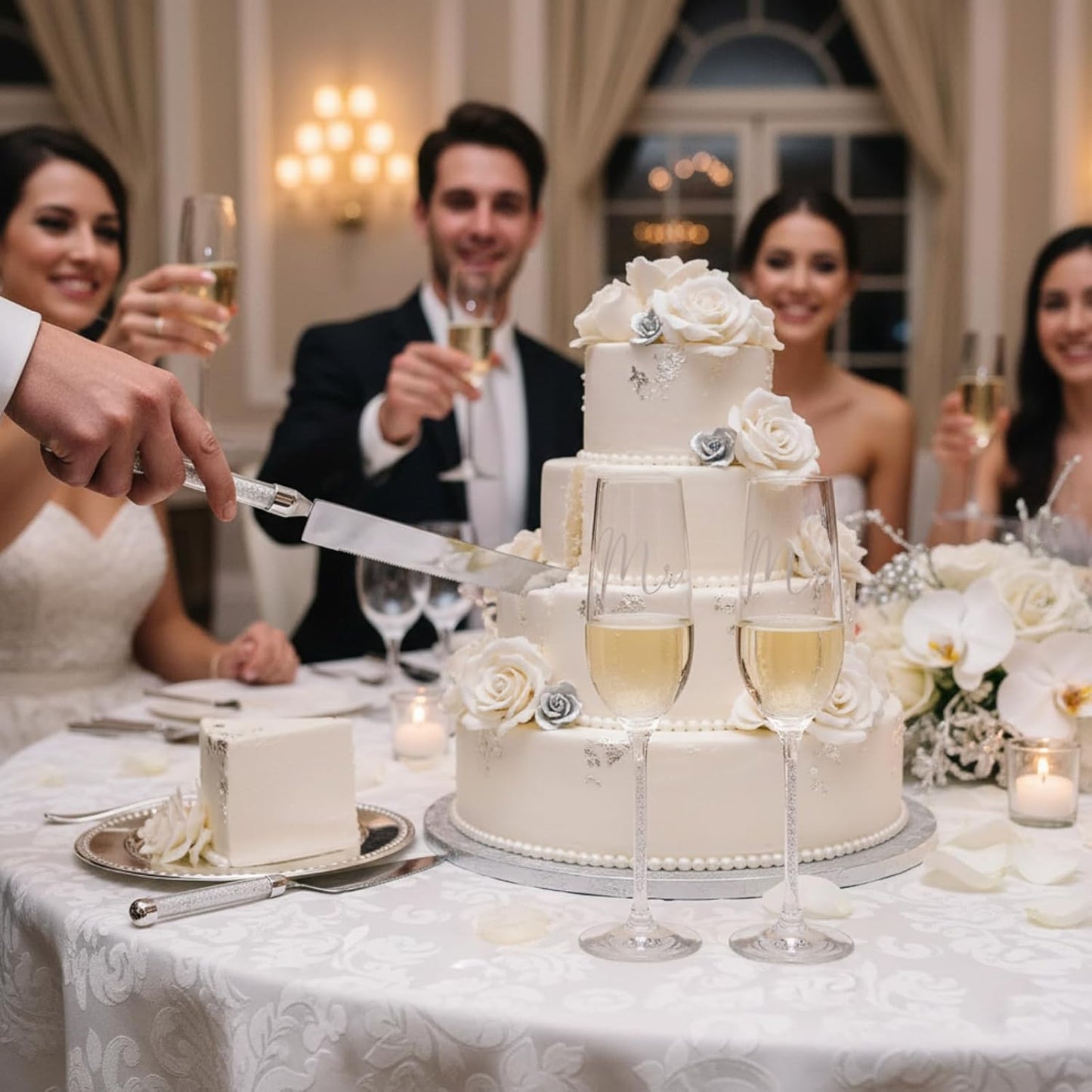 Boao 4 Piece Wedding Cake Knife and Champagne Flutes Server Set Mr and Mrs Toasting Flutes Crystal Rhinestone Cake Cutting Set for Bride and Groom Wedding Engagement Bridal Shower Gifts(Silver)