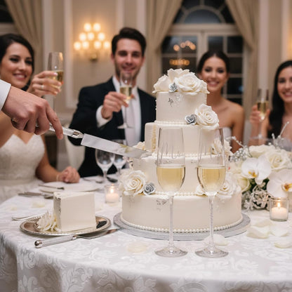 Boao 4 Piece Wedding Cake Knife and Champagne Flutes Server Set Mr and Mrs Toasting Flutes Crystal Rhinestone Cake Cutting Set for Bride and Groom Wedding Engagement Bridal Shower Gifts(Silver)