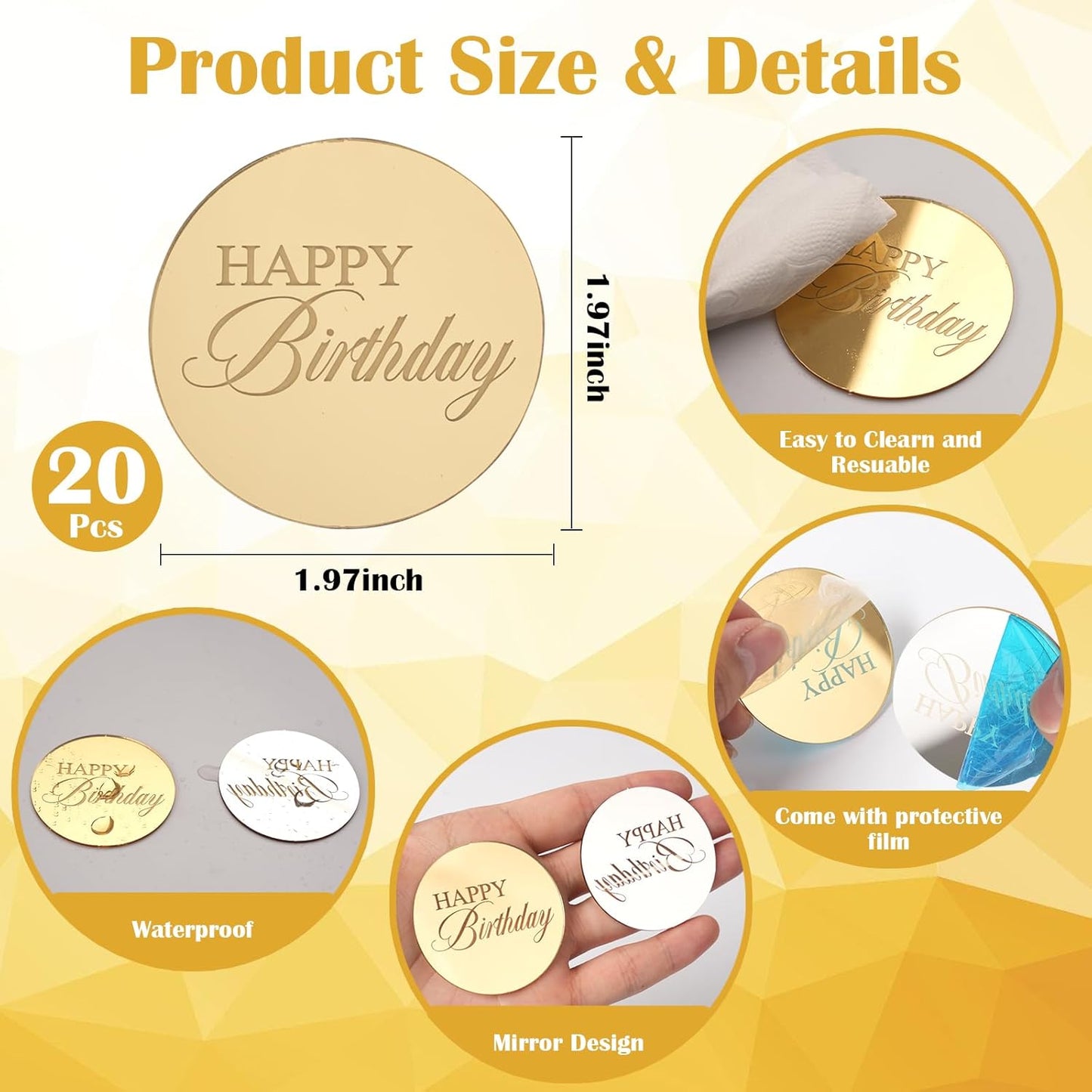 20pcs Gold Mirror Acrylic Happy Birthday Cupcake Toppers Round Engraved Cake Picks Happy Birthday Cake Toppers for DIY Birthday Gift Flower Bouquet Pastries Desserts Decor