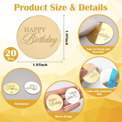 20pcs Gold Mirror Acrylic Happy Birthday Cupcake Toppers Round Engraved Cake Picks Happy Birthday Cake Toppers for DIY Birthday Gift Flower Bouquet Pastries Desserts Decor