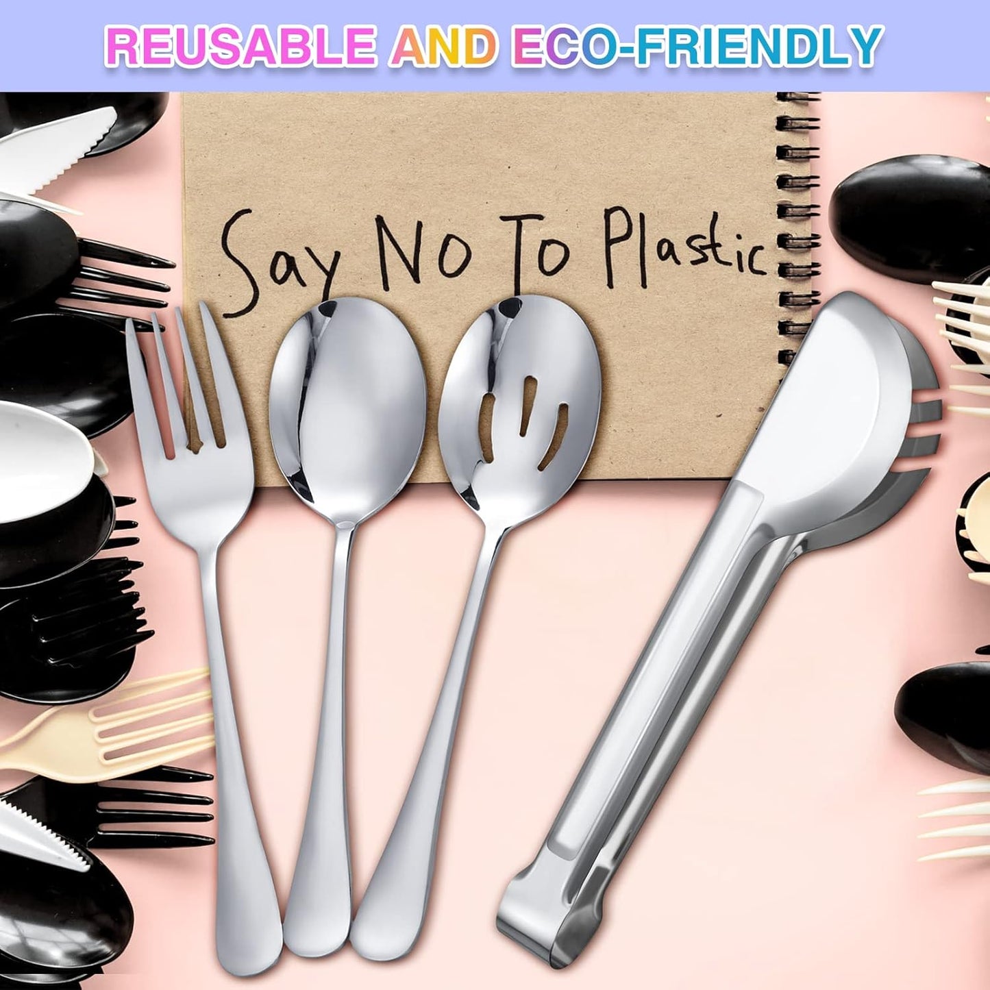 Patelai 15 Pcs Black Stainless Steel Serving Utensil Set 8.7" Large Spoons and Slotted Spoon 9.45" Tong 9" Forks Flatware Wedding Party Restaurant Cooking Kitchen Holiday Buffet Banquet Catering Hotel