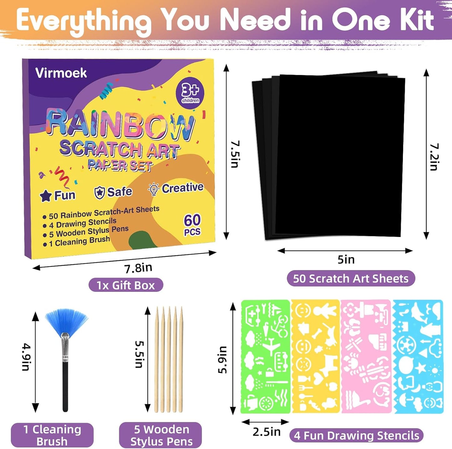 Virmoek 60 Pcs Scratch Art for Kids, Ages 3-8, Rainbow Scratch Paper Kit, Magic Scratch Off Art Craft Set, Mess-Free Kids Craft Supplies, Easter Basket Stuffers, Christmas Toys