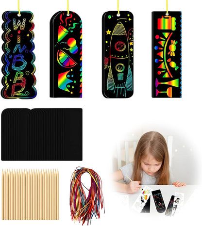 48 Set Bookmark Making Kit,4 Styles Magic Rainbow Bookmarks Craft Kit with Ribbon and Bamboo Pen,Scratch Paper Art Sets for Party Bag Fillers