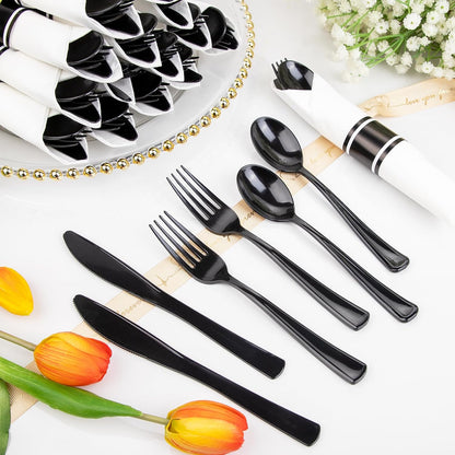 Supernal 240 Silver Plastic Silverware Set - 60 Sets Pre Rolled Napkins with Cutlery - Mirror Polished Real Look Disposable Silver Utensils- Elegant Heavy Duty Flatware for Weddings & Catering