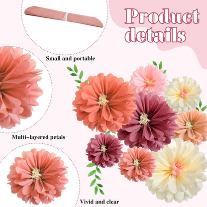 Watersay 12 Pcs 10" 20" Giant Mexican Fiesta Paper Flowers Colorful Tissue Crepe Flowers Pom Poms Craft for Floral Party Backdrop Wedding Birthday Party (Dusty Color)