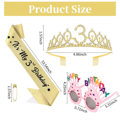 YARIEW 3rd Birthday Decorations, 3rd Glitter Purple Sash and Crown Kit with Happy Birthday Sunglasses, Tiara Princess Crown and Sash Party Outfit Accessory