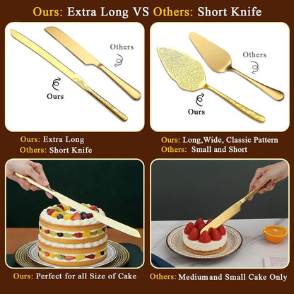 Berglander Gold Wedding Cake Knife and Server Set, Titanium Gold Plating With Unique Pattern Design Cake Cutter Serving Set Perfect For Wedding, Birthday, Parties and Events Dishwasher Safe