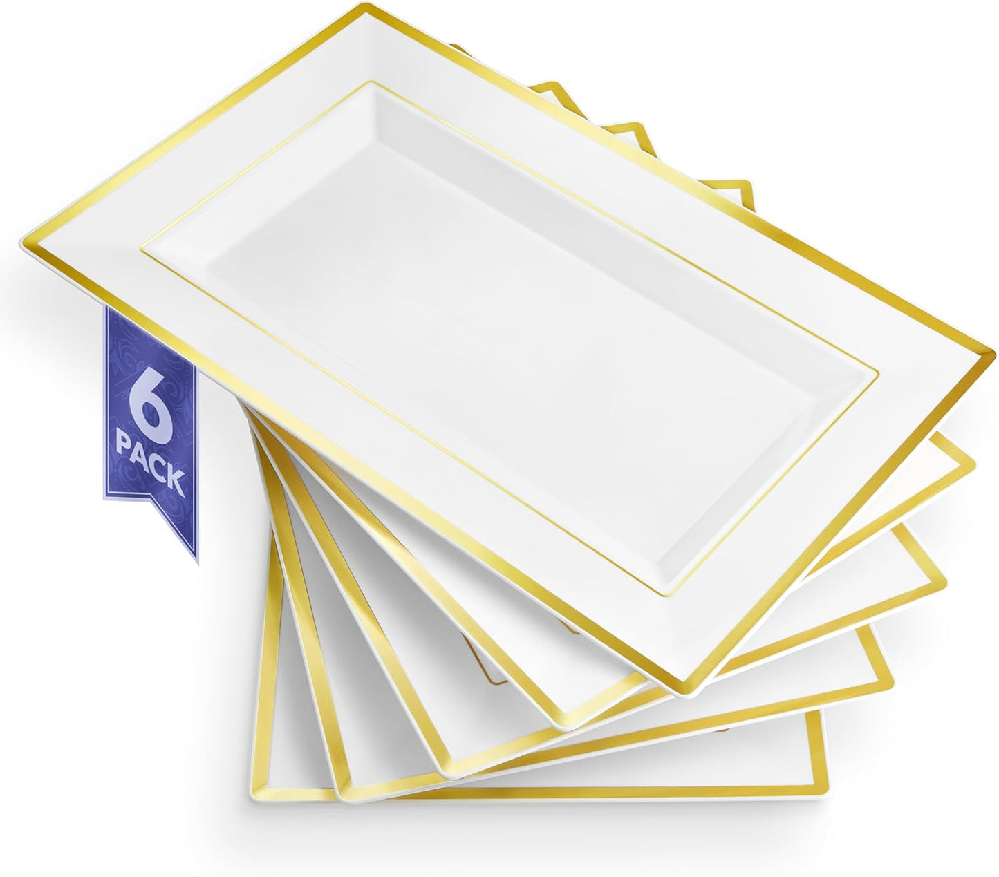 (12 Pcs) Premium White and Gold Plastic Serving Tray, Plastic Serving Platter Disposable, White Rectangle Party Trays and Platters for Fruit, Dessert, Cookies, Appetizers, Holiday Parties