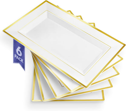 (12 Pcs) Premium White and Gold Plastic Serving Tray, Plastic Serving Platter Disposable, White Rectangle Party Trays and Platters for Fruit, Dessert, Cookies, Appetizers, Holiday Parties
