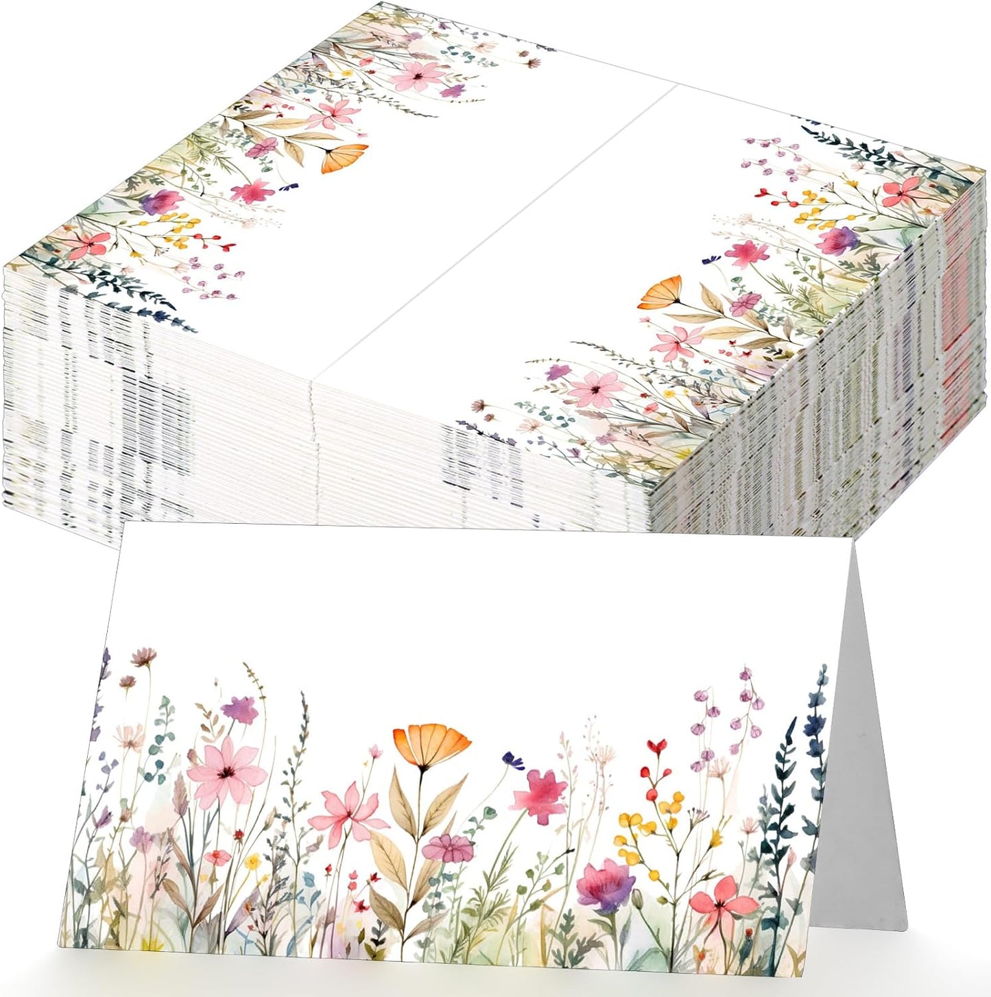 Dunzoom 100 Pcs Blue Floral Place Cards 3.5" x 2" Chinoiserie Blue White Flower Tented Name Card Blank Table Name Sign for Wedding Baby Shower Birthday Party Banquet Table Setting Supplies