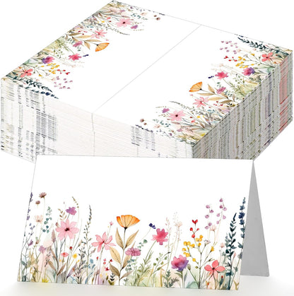 Dunzoom 100 Pcs Blue Floral Place Cards 3.5" x 2" Chinoiserie Blue White Flower Tented Name Card Blank Table Name Sign for Wedding Baby Shower Birthday Party Banquet Table Setting Supplies