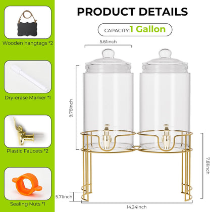 Glass Drink Dispensers For Parties, 2 PACK 1 Gallon Beverage Dispenser With Wooden Lids, Metal Stand And Spigot 100% Leak proof. Lemonade Dispenser With Chalk board