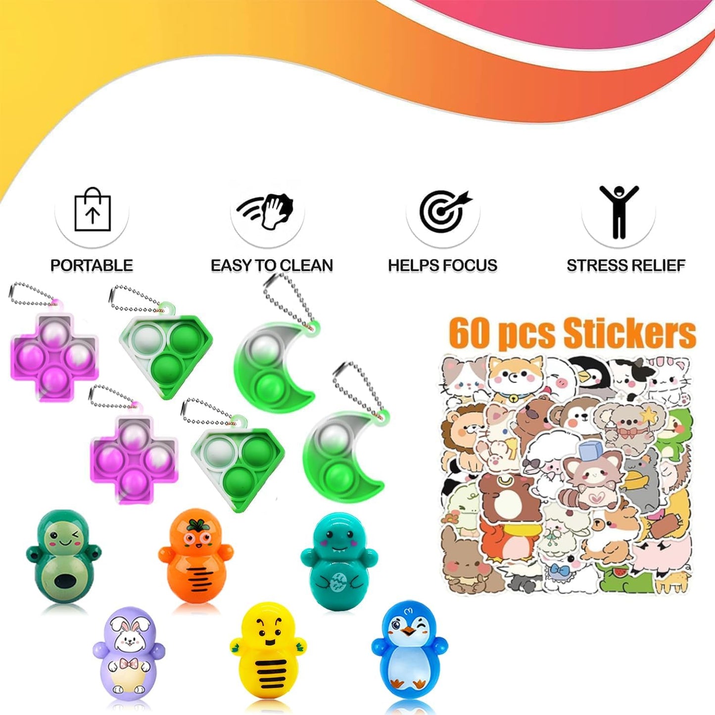 Pebatoor 60 Pcs Party Favors for Kids 4-8, Pop Fidget Bulk Toys, Pinata Goodie Bag Stuffers, Treasure Box Toys, School Classroom Rewards, Treasure Chest Prizes, Goody Bag Filler