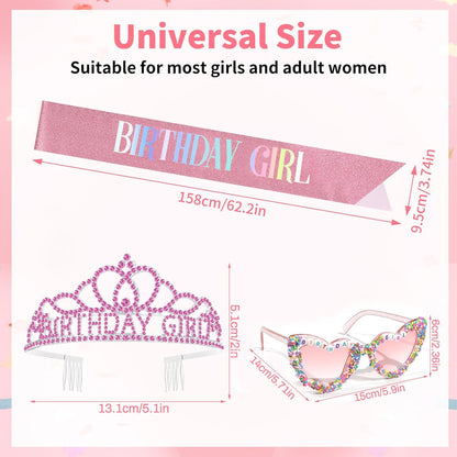 3Pcs Birthday Girl Sash Headband Set-Birthday Sash Tiara and Crown Sunglasses for Girls Women