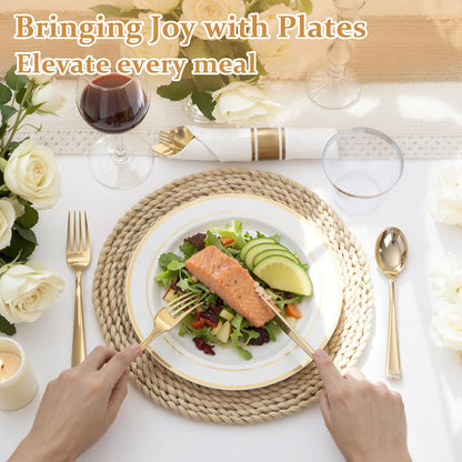 350 Pieces Black and Gold Plastic Plates with Disposable Silverware, Include 50 Dinner Plates 9”, 50 Dessert Plates 6.3”, 50 Black Cups 9 OZ, 50 Pre Rolled Napkins for Wedding Party Graduation