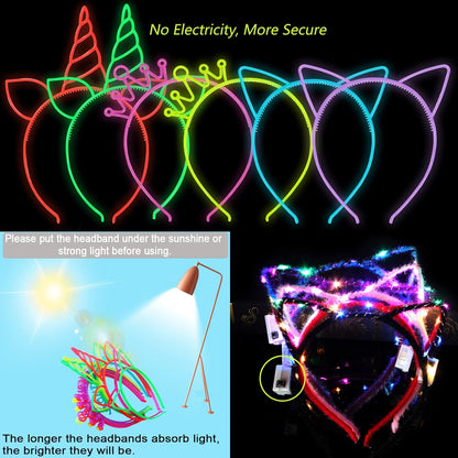 ZIRICHER 6 Colors Glow in the Dark Headbands, Plastic Light Up Hair Band Crowns Luminous Headband For Girls Party Headbands