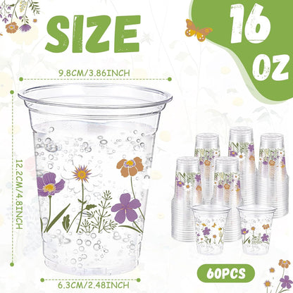Hushee 60 Pcs Purple Floral Cups with Spring Summer Flower 16 oz Wildflowers Plastic Disposable Drinking Cups for Summer Spring Birthday Baby Shower Wedding Party Supplies