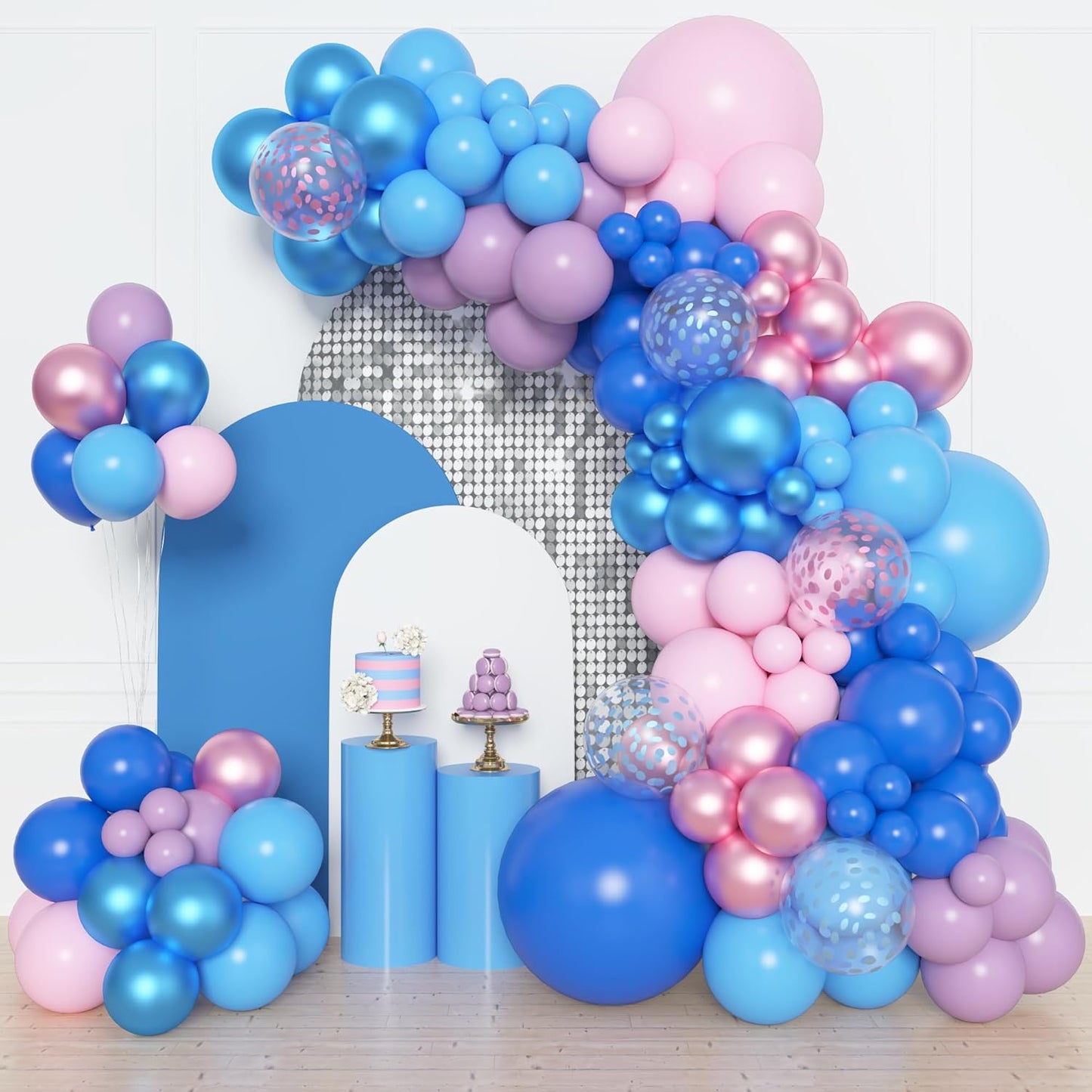 Amandir 153pcs Purple Blue Pink Balloon Garland Arch Kit, Different Sizes 18 12 10 5 inch Teal Yellow Latex Metallic Confetti Balloons for Magic Birthday Engagement Party Decoration