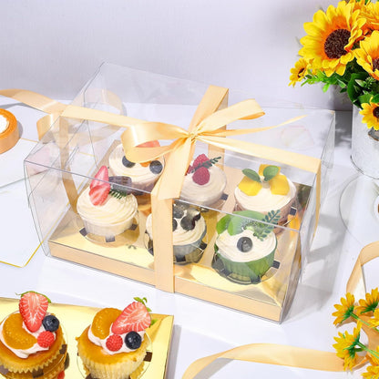 Whaline 16 Sets Clear Cupcake Boxes 6 Count Rectangle Bakery Cake Containers with Gift Ribbon Plastic Cupcake Carrier Holder for Wedding Birthday Baby Shower Favors