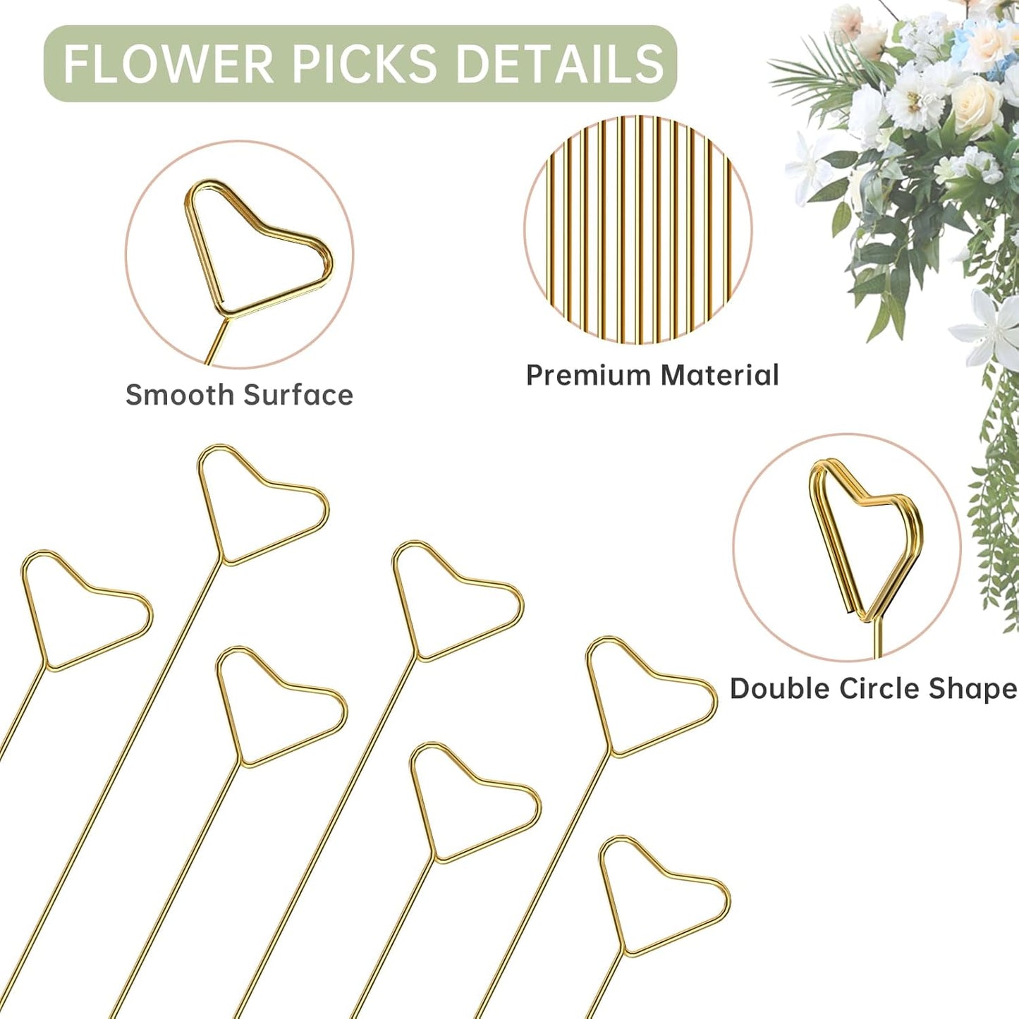 40 Packs Floral Card Holder Picks - Metal Gift Card Holder Sticks for Bouquets, Wedding Centerpieces, Photo Holder Sticks, Floral Picks for Cards, Picture Holders for Centerpieces, Heart-Shaped