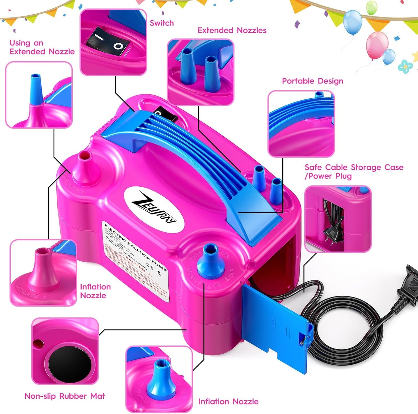 Balloon Pump Electric, Portable Balloon Inflator, Dual Nozzle 110v 600w With 113 Accessories Including Electric Air Pump, Birthday Decorations, Party Decorations, Suitable Gender Reveal, Baby Shower