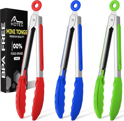Hotec Mini Silicone Kitchen Tongs for Cooking - 7-Inch Small Serving Tongs with Silicone Tips, Set of 3 (Blue)