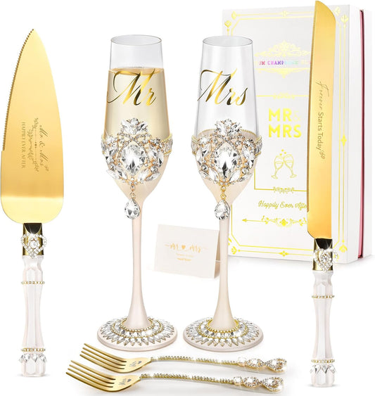 Wedding Cake Cutting Set, Luxury Handcrafted Crystal Champagne Flutes with Gold Petal Rhinestones and Pendant, Wedding Cake Knife and Server Set, Engagement Gifts for Couples, Gift-ready Box