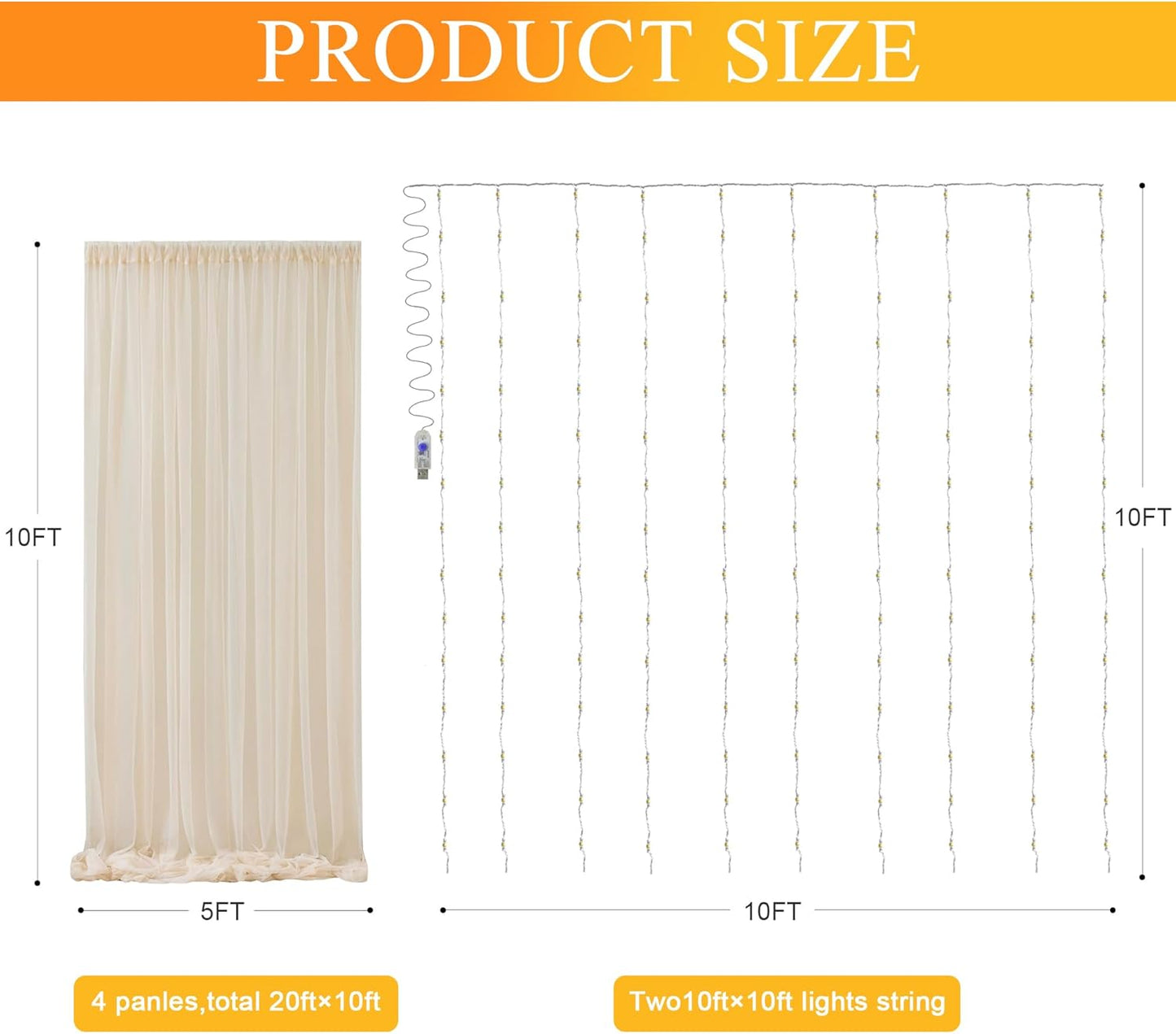 Fomcet Tulle Backdrop Curtains with Lights String White 10FT X 8FT Sheer Curtain with Lights Tulle Curtains Backdrop for Wedding Birthday Party Baby Shower Photo Shoot (2 Panels 5x8FT)