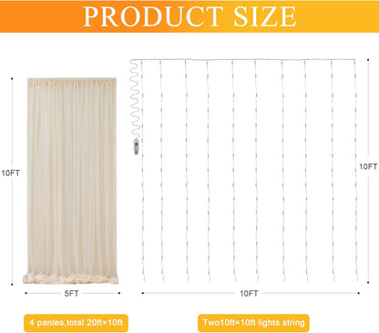 Fomcet Tulle Backdrop Curtains with Lights String White 10FT X 8FT Sheer Curtain with Lights Tulle Curtains Backdrop for Wedding Birthday Party Baby Shower Photo Shoot (2 Panels 5x8FT)