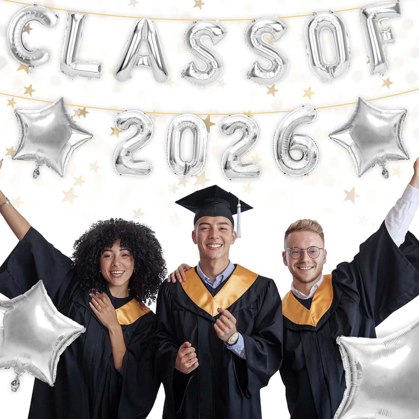 Graduation Balloons, Class of 2026 Balloons, 16Inch Gold Grad Class of 2026 Letters Foil Balloon Sign with Star Balloons, Class of 2026 Decorations for High School College Graduation Party Decorations