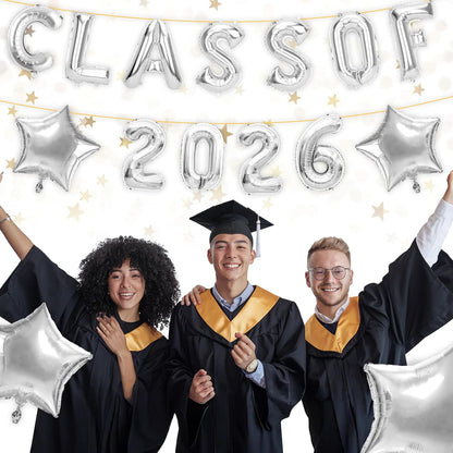 Graduation Balloons, Class of 2026 Balloons, 16Inch Gold Grad Class of 2026 Letters Foil Balloon Sign with Star Balloons, Class of 2026 Decorations for High School College Graduation Party Decorations