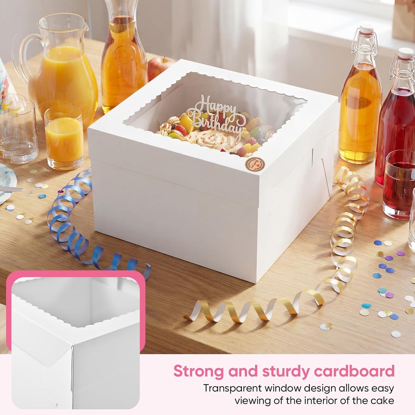 2 Pack 12 x 12 x 8 in Cake Boxes with Window & Cake Boards — Disposable Cake Carrier Boxes with Lid, Includes Stickers, Envelopes, Greeting Cards & Ribbon — Bakery Boxes for Cakes & Cupcakes