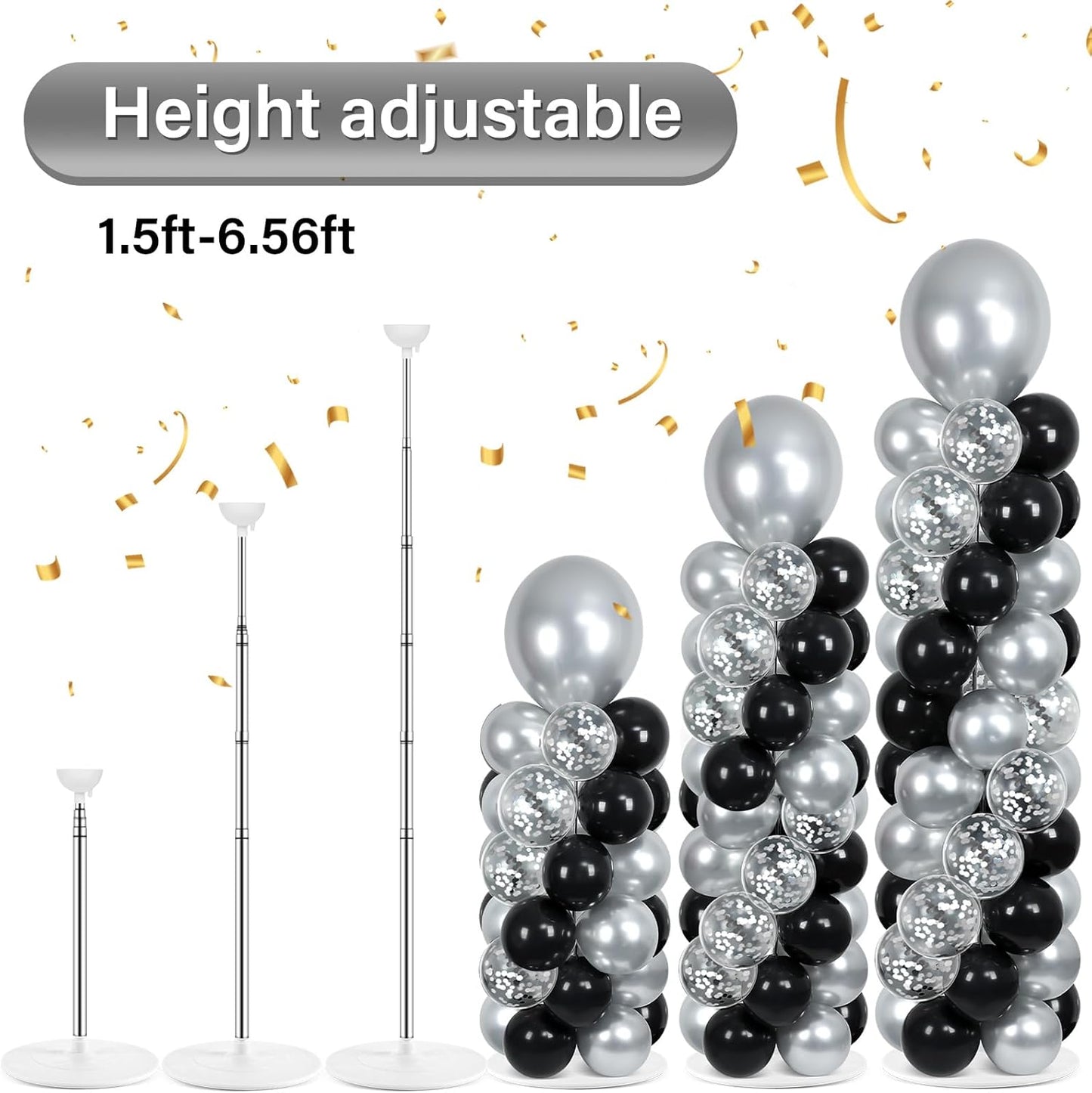 2 Set Black and Gold Balloons Column Stand Kit with 100 Balloons Adjustable Balloon Stand with Bases for Floor Black Gold Confetti Balloon Column Kit for Bridal Shower Valentine Birthday Party Decor