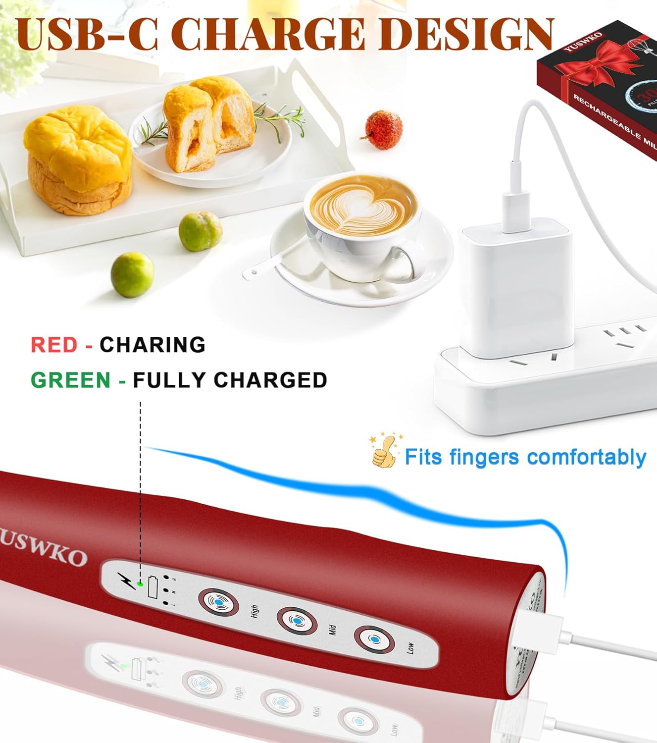 YUSWKO Black Handheld Milk Frother Wand for Coffee, Rechargeable Electric Whisk with 3 Heads 3 Speeds Drink Mixer Coffee Frother For Latte, Cappuccino, Hot Chocolate, Egg