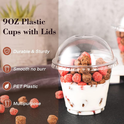 Lullaby 200Pack 9oz Clear Plastic Cups with Dome Lids, Dessert Cups with Lids, Disposable Parfait Cups, Party Cups Cupcake for Parties and Daily Use