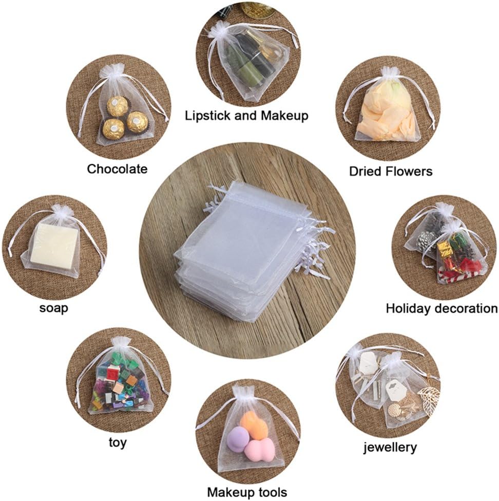 Hopttreely 100PCS Premium Sheer Organza Bags, White Wedding Favor Bags with Drawstring, 4x4.72 Jewelry Gift Bags for Party, Jewelry, Christmas, Mother's Day, Festival, Bathroom Soaps, Makeup Organza Favor Bags