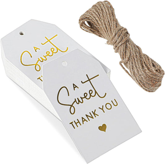 Ouligay 50Pcs Thank You Gift Tags with String, Gold Thank You Paper Gifts Tags, 2 x 3 Inches Gift Bags Party Favors Wedding Birthday Teacher Appreciation
