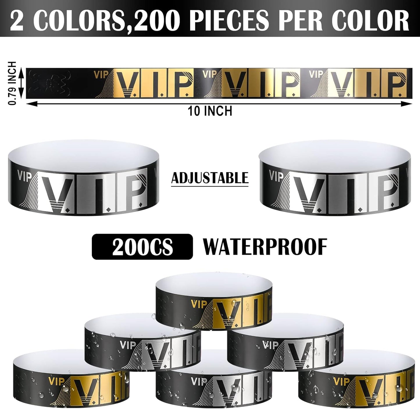 200 Pack VIP Wristbands for Events VIP Bracelets Paper Waterproof Party Wristbands for Events Amusement Parks Concerts Fairs Festivals, 0.79 x 10 Inch(Gold)