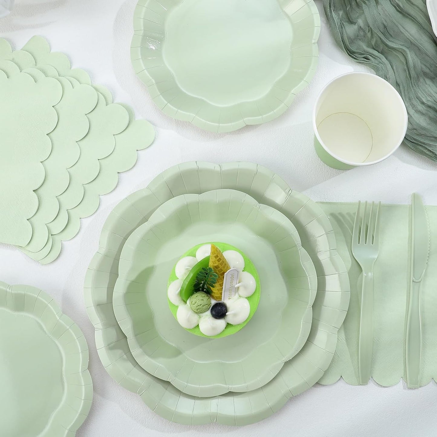 NatNarr 175 Pcs Sage Green Plates and Napkins Set, 25 Guest Sage Green Party Supplies Include Scalloped Paper Plate Napkin Cup Forks Knives Disposable Plastic Cutlery for Wedding Baby Shower Birthday