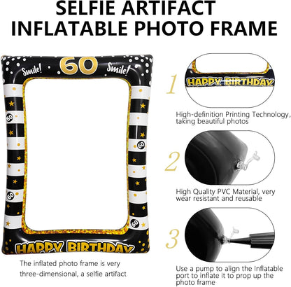 40th Birthday Photo Booth Props, LMSHOWOWO Inflatable Photo Booth Frame, Giant Black Gold Inflatable Selfie Frame, Birthday Party Photo Props, for Women Men Birthday Party Decorations, Random Style
