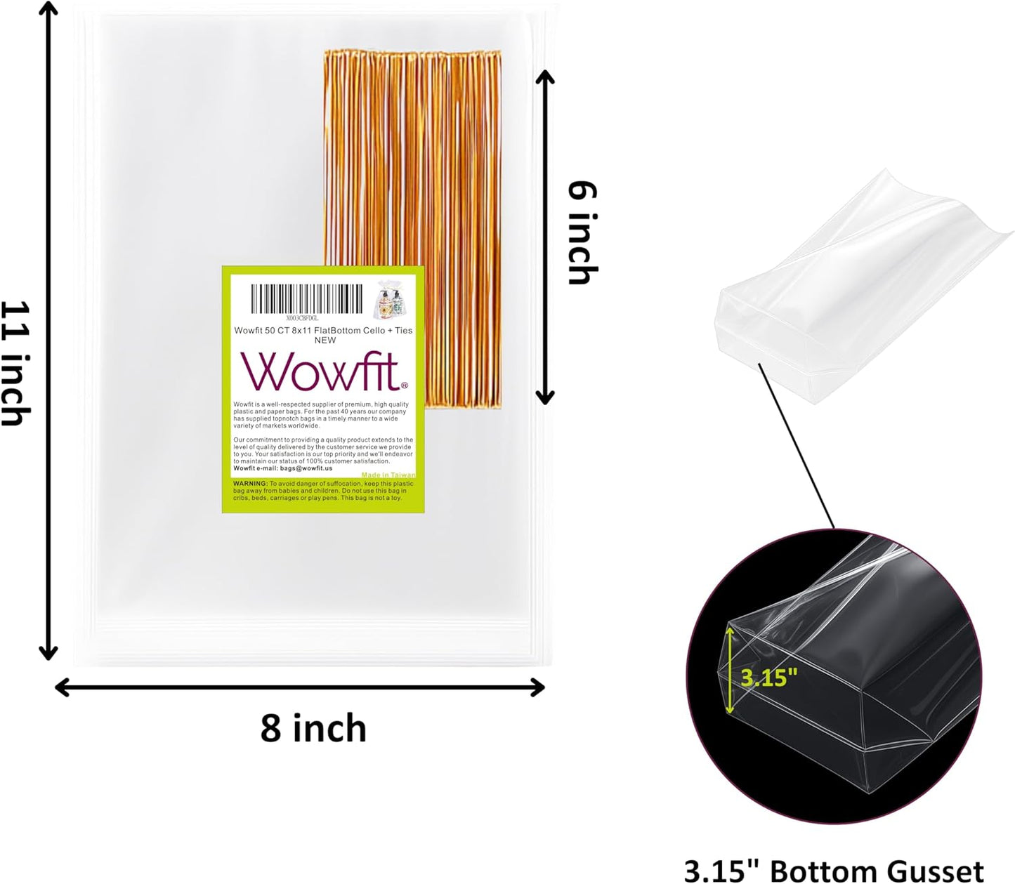 Wowfit 50 CT 8x11 inches Clear Bottom Gusset Cellophane Treat Bags with 6" Gold Twist Ties, Cello Packaging for Mugs, Dessert, Muffins, Party Favors and Gift Wrapping