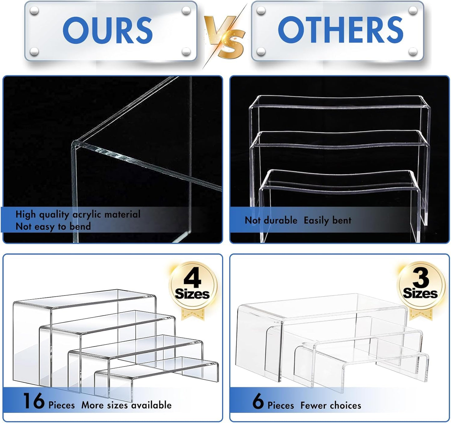 Aheroi Large Acrylic Risers, 10 Pcs 2 Set(7”L~8”L~9”L) Riser Display Shelf, Clear Rectangular Display Stands Set, Transparent Shelves for Decor, Showcase Holder for Cupcake