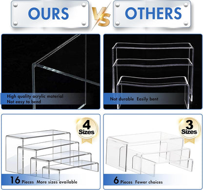 Aheroi Large Acrylic Risers, 10 Pcs 2 Set(7”L~8”L~9”L) Riser Display Shelf, Clear Rectangular Display Stands Set, Transparent Shelves for Decor, Showcase Holder for Cupcake