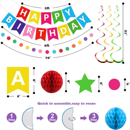 meowtastic Birthday Decorations, Happy Birthday Banner with Honeycomb Balls, Stars Hanging Swirl Streamers, Circle Dots Garland, Happy Birthday Party Decorations for Women Men Boys Girls (Blue)