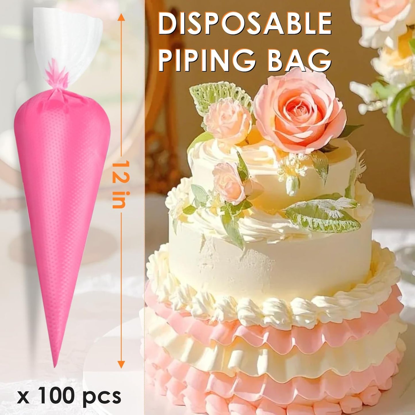 HOTEC Piping Bags and Tips Set, 120 Pcs Cake Decorating Kit with 100pcs 12 Inch Disposable Pastry Bags, 1 Reusable Piping Bags, 12 Piping Tips, 3 Cake Scraper, 2 Couplers, 2 Bag Ties, Baking Supplies