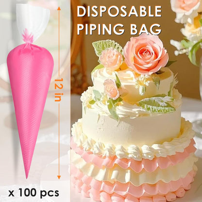 HOTEC Piping Bags and Tips Set, 120 Pcs Cake Decorating Kit with 100pcs 12 Inch Disposable Pastry Bags, 1 Reusable Piping Bags, 12 Piping Tips, 3 Cake Scraper, 2 Couplers, 2 Bag Ties, Baking Supplies
