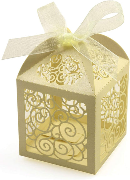 KPOSIYA 100 Pack Wedding Favor Boxes Laser Cut Boxes Party Favor Box Small Gift Boxes Lace Candy Boxes for Wedding Bridal Shower Baby Shower Birthday Party Anniverary with Ribbons (Pink, 100)