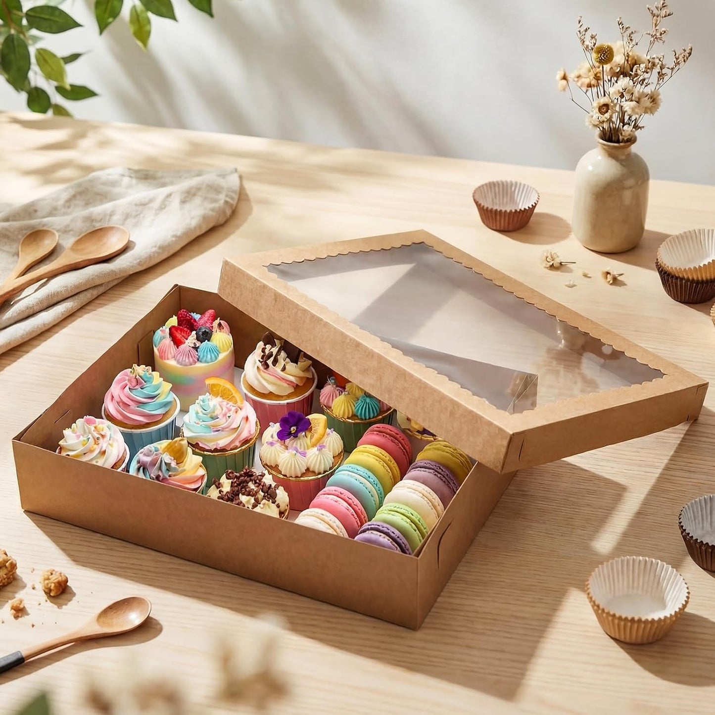 Sinload 10 Pcs 14x10x4 Inch 1/4 Sheet Cake Boxes 5pcs Large Rectangle Bakery Boxes with 5pcs Cake Boards for Pastry Baking, Cupcakes, Donuts, Cookies, Pie Treat Packaging