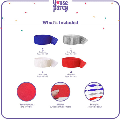HOUSE OF PARTY Blue Skies Crepe Paper Streamers 6 Crepe Paper Rolls 492ft (1.8 Inch x 82 Ft/Roll) - Pack of 4 Shades of Blue, 1 Silver, 1 White Streamers Party Decorations